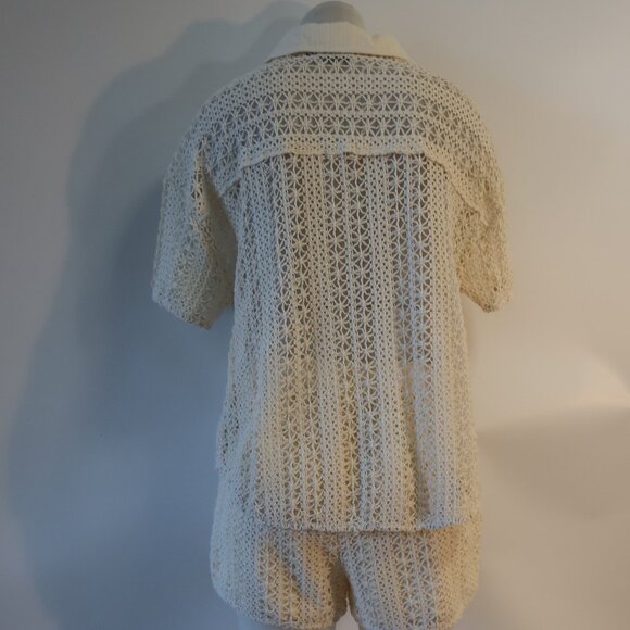Women Benaar LA Jeiley Cream 2Pc Set Crochet Gauzy Contrast Collared Top Short M - Picture 10 of 13